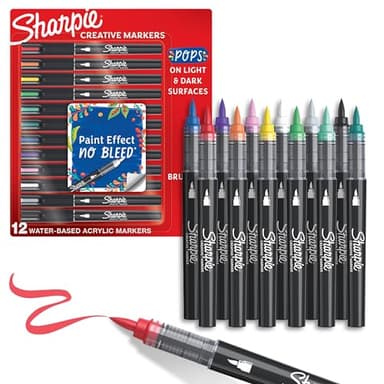 Sharpie Creative Markers, Water-Based Acrylic, Brush Tip, Assorted Colors, 12 Count – Arts & Crafts, Kids Activity, School Classroom; Works on Paper, Metal, Wood, Ceramic, Glass, Rock, Canvas - Image 1