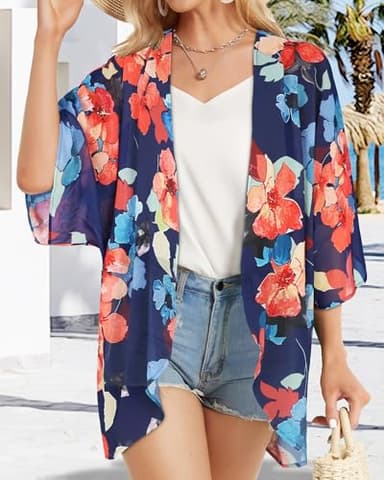 Summer Kimono Cardigan for Women Sheer Light Tops Casual Open Front Swimwear Shirts Beach Cover ups (Oil Blue,L) - Image 2
