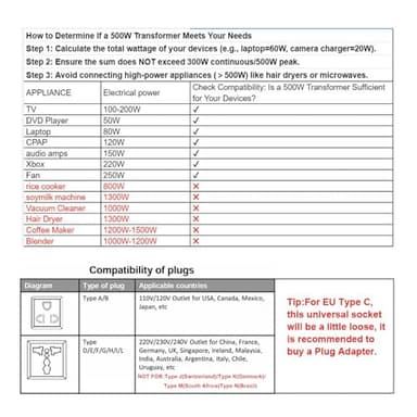 Yinleader 500W Voltage Transformer Power Converter(110V to 220V, 220V to 110V) Step Up/Down Converter 110/120 Volt - 220/240 Volt w/US Power Cord [300W Continuous Power] - Image 4