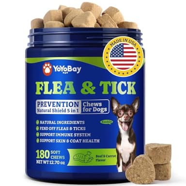YoYoBay Flea & Tick Prevention for Dogs Chewables, Natural Dog Flea and Tick Control Treatment, Oral Flea Pills, Dogs Supplement, Natural Shield 5-in-1 Protection, Beef & Carrot Flavor, 180 Soft Chews - Image 1