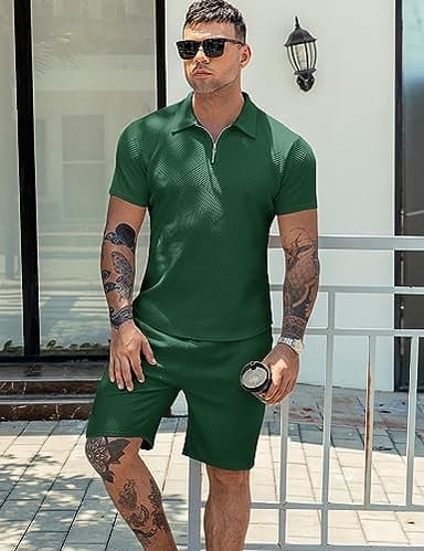 URRU Men's Polo Shirt and Shorts Set Summer Outfits Fashion Casual Short Sleeve Polo Suit for Men 2 Piece Short Set Dark Green XXL - Image 3