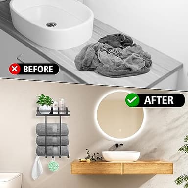 Towel Racks for Bathroom, Towel Rack Wall Mounted with Metal Shelf and 5 Hooks for Small Bathroom, Towel Holder for Bathroom, Bath Towel Storage for Rolled Towels Organizer, Black - Image 5