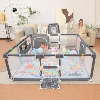 Playpen for Babies and Toddlers,73"x71"Baby Playpen with Mat Indoor＆Outdoor with Breathable Play Pen with Ocean Balls Hanging Pocket Basketball Hoop and Football Goal (Grey with Mat, 73"x71") - Image 2