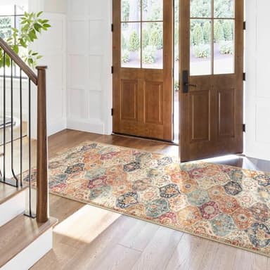 Lahome Moroccan Hallway Runner Rug, 2'5''x8' Ultra-Thin Washable Runners for Hallways Kitchen, Oriental Laundry Room Rug Non-Slip Vintage Long Carpet for Entryway Bedroom Bathroom, Cream/Multi - Image 7