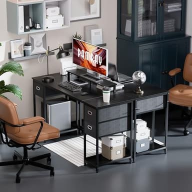 Pamray 55 Inch Computer Desk with Non-Woven Storage Drawers and Monitor Stand Home Office Desk for Bedroom Study Table Writing and Work Desk Black - Image 2