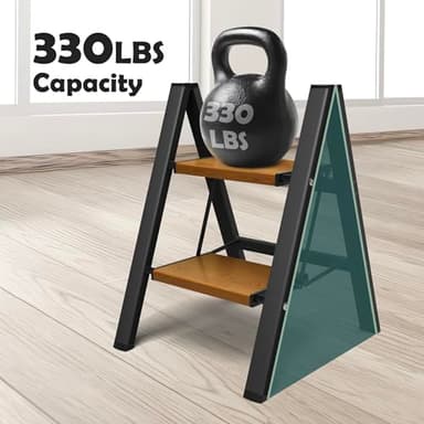 Taranta 2 Step Ladder,Aluminum Lightweight Folding 2 Step Stool with Anti-Slip Wide Pedal, 330lbs Capacity Step Ladder for Household,Kitchen,Office - BlackWoodgrain - Image 3