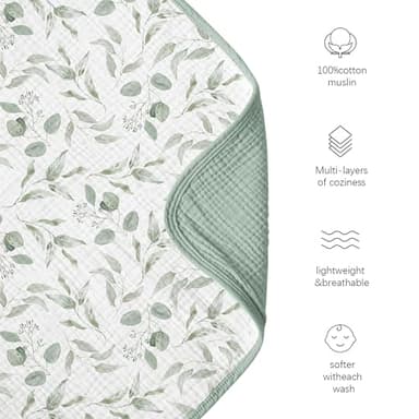 Konssy Muslin Baby Blankets for Girls Boys, 100% Cotton Crib Blanket for Infant Toddler, Super Soft and Lightweight Nursery Swaddling Wrap 40"x36" (Green Leaves) - Image 4