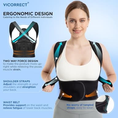 Vicorrect Posture Corrector for Women and Men: Back Brace Support - Shoulders Straightener Relieve Upper Back Pain (Black, Large) - Image 3