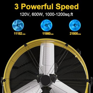MEPTY 600W Heavy Duty Industrial Drum Fan - 36 Inch High Velocity Floor Fan with 3 Speeds, 360° Tilt, 21800 CFM Metal Air Circulator for Shop, Warehouse, Garage, Workshop, Factory, Basement - Image 3