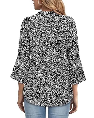 Gaharu Work Blouses for Women Fashion 2025 3/4 Sleeve Ladies Tops and Blouses Dressy Fall V Neck Ruffle Sleeve Blouse Flowy Shirts Chiffon Lightweight Tunic Top Office Wear Multi-Black,L - Image 3