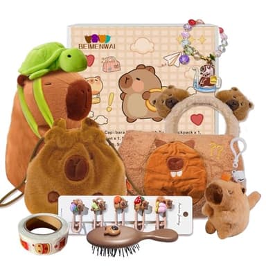 Capybara Plush Gifts for Girls 4 5 6 7 8 9 10+ Years Old, Kids Cute Capybara Toys with Stuffed Animal/Keychain/Bag/Bath Towel/Hair Pins/Bracelet/Headband, Christmas Birthday Plush Toys Set - Image 1
