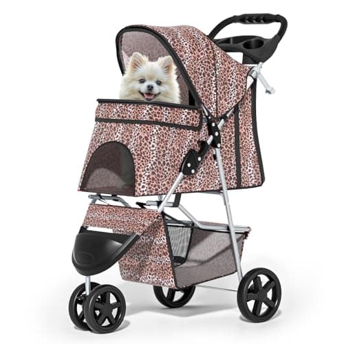 MoNiBloom 3 Wheels Pet Dog Cat Stroller for Small Medium Dogs Cats, Lightweight Foldable Jogger Stroller w/Storage Basket & Cup Holder, Leopard Print - Image 1