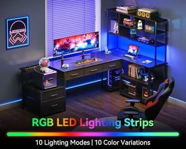 AODK 79 inch L Shaped Desk with 5 Drawers, Reversible L Shaped Gaming Desk with LED Light & 2 Power Outlets, Computer Desk with Storage Shelves for Home Office, Black - Image 3