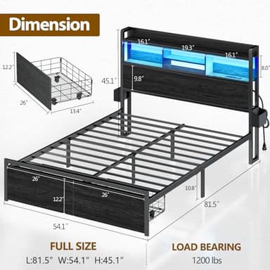 Furnulem Full Size Bed Frame with Wood Headboard, Metal Platform Bed Frame Full Size with 2 Storage Drawers and Shelf, LED Lights and Charging Station, No Box Spring Needed, Noise Free, Black - Image 2