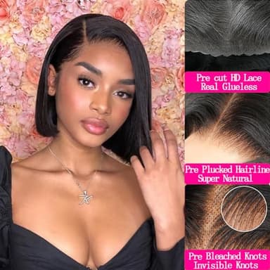 Qangelabeauty 4x6 Glueless Wigs - Human Hair 8 Inch Bob, Pre Plucked, Pre Cut, 180% Density, HD Transparent Frontal Lace Front Wigs for Women - Image 2