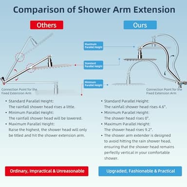 Hibbent All Metal Shower Head, 10'' High Pressure Rainfall Shower Head/Handheld Showerhead Combo with 12'' Adjustable Curve Shower Extension Arm, 10 Sprays, 71'' Shower Hose, Showerhead Holder, Chrome - Image 2