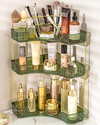 NATURE'S SOURCE Makeup Organizer for Vanity, 3-Tier Corner Bathroom Organizer Countertop with Makeup Brush Holder, Corner Counter Storage for Bathroom Dresser- Green - Image 1