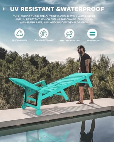 SERWALL Patio Chaise Lounge Chair Set of 2, 78'' Long 5-Positions Adjustable HDPE Outdoor Lounger for Pool, Poly Lounge Chair with Rolling Wheels & Cup Holder for Poolside, Deck, Aqua Blue - Image 7