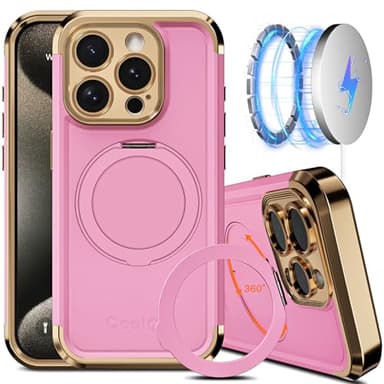 COOLQO for iPhone 15 Pro Max Case 6.7'' Upgraded 360° Spin Magnetic Stand [Compatible with Magsafe][Military Protection] Shockproof Protective Phone Holder Cover for iPhone 15 Pro Max, Pink Gold - Image 1