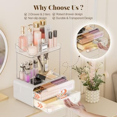 Delamu Bathroom Counter Organizer 2-Drawers 2-Tier Acrylic Makeup Organizer for Vanity Countertop, Skincare Perfume Storage, Easy Assembly, Ideal Gift for Women, Bath Linen Sets, Clear - Image 2