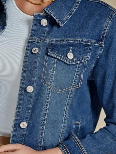 Luvamia Women's Vintage Blue Denim Jacket, Size Large, Fits Size 12-14, Long Sleeves, Button Down, Relaxed Fit, All Seasons, Bomber Silhouette - Image 3