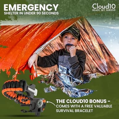 CloudTen Emergency Tent: Lightweight 2 Person Survival Tent with Multi-Function Paracord Bracelets - Essential Survival Gear & Bug Out Bag Items for Preppers, Hikers, Survivalists, Campers, Boy Scouts - Image 8