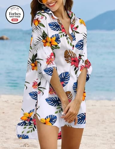 Ekouaer Beach Cover Ups for Women V Neck Bathing Suit Cover Up Bikini Swimsuit Coverup Beach Dress Shirt - Image 2