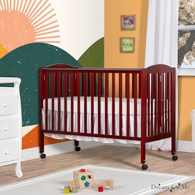 Dream On Me Full-Size 2-in-1 Folding Baby Crib in Cherry GreenGuard Gold & JPMA, Portable, Patented Quick Folding System, Strong Wheels, 2 Adjustable Mattress Heights - Image 2