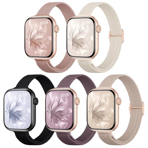 5 Pack Slim Braided Stretchy Bands Compatible with Apple Watch Band 40mm 41mm 42mm 38mm 44mm 45mm 46mm 49mm Women Men, Thin Elastic Nylon Solo Loop Straps for iWatch Series 10 9 8 7 6 5 4 3 11 SE 2/1 - Image 1