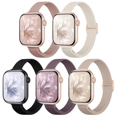 5 Pack Slim Braided Stretchy Bands Compatible with Apple Watch Band 40mm 41mm 42mm 38mm 44mm 45mm 46mm 49mm Women Men, Thin Elastic Nylon Solo Loop Straps for iWatch Series 10 9 8 7 6 5 4 3 11 SE 2/1 - Image 1