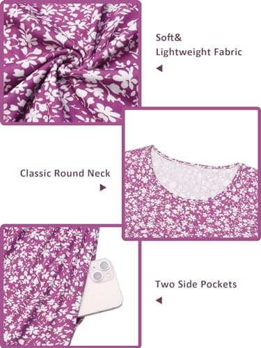 Sureple Women's Casual Cotton Dresses Crewneck Fitted Guest High Waist Midi Pocket Short Sleeve Spring Tiered(SP209-Purple Floral-M) - Image 5