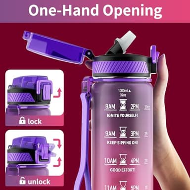 QLUR Water Bottle with Straw, 32oz Motivational Water Bottles with Time Marker to Drink, Tritan BPA Free, 1L Sports Water Bottle with Carry Strap LeakProof for Women Gym Fitness Outdoor (1 Pack) - Image 3