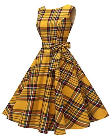 Hanpceirs Women's Boatneck Sleeveless Swing Vintage 1950s Cocktail Dress Gold Plaid XS - Image 4