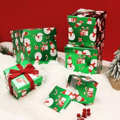 PAPER FAIR 5PCS Christmas Snowman Nesting Gift Boxes Set, Green Foil Mirror Candy Cane Lollipop Square Cardboard Nested Box w/Lid, for Gift Wrapping Holiday Present Birthday, Assorted Size - Image 2