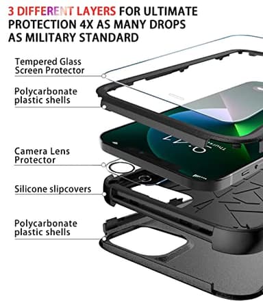 Diverbox for iPhone 13 Case [Shockproof] [Dropproof] [Tempered Glass Screen Protector + Camera Lens Protector],Heavy Duty Protection Phone Case Cover for Apple iPhone 13 (Black) - Image 7