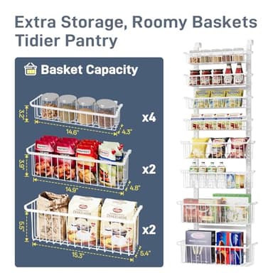 Over The Door Pantry Organizer, 8-Tier Over The Door Organizer with Adjustable Baskets, Metal Hanging Spice Rack for Pantry Organizers and Storage, Suitable for Kitchen Laundry Room & Bathroom, White - Image 5