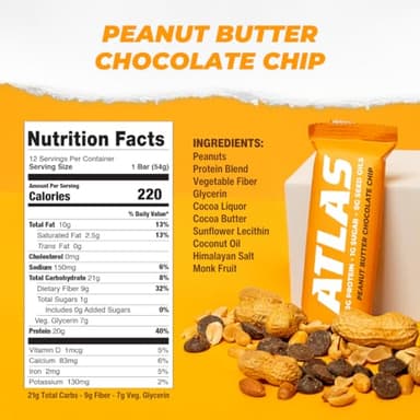 Atlas Bar – 20g Protein, 1g Sugar, 0g Seed Oils, 0g Artificial Sweeteners (12 Count, Peanut Butter Chocolate Chip) - Image 2