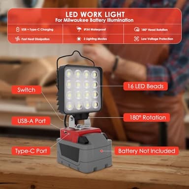 76W 10000LM LED Work Light for Milwaukee M18 18V Battery, Upgraded Cordless LED Work Light with USB and Type-C Charging Port, Low Voltage Protection, Outdoor Lighting (Battery Not Included) - Image 2