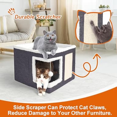 Loyareal Cat Houses for Indoor Cats - Large Cat Bed Cave with Scratch Pad and Fluffy Ball, Foldable Cat Condo Hideaway with Reversible Cushion for Multi Small Pet, Dark Grey - Image 2