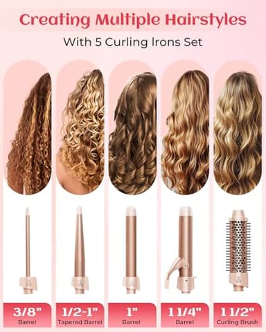 ANIEKIN 5 in 1 Curling Iron Set, Fast Heat Up Curling Wand from 3/8 to 1 1/4 Inch and a Thermal Brush Come with, Dual Voltage Hair Curler for Women All Hair Types and Travel Use, Gifts for Women,Pink - Image 2