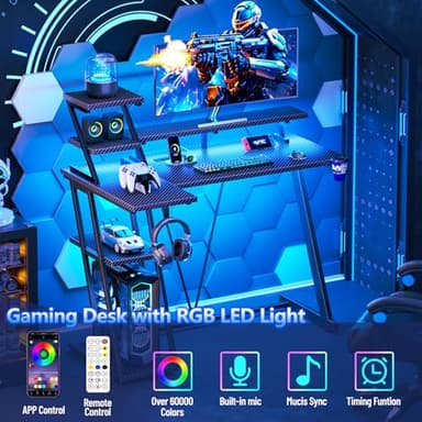 40 Inch Gaming Desk with LED Lights & Power Outlet, Small Gaming Computer Desk with Storage Shelves, L Shaped Gamer Workstations with Monitor Stand for Bedroom, Carbon Fiber Black - Image 4