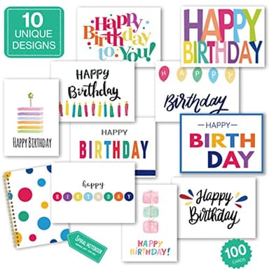 100 Birthday Cards, Happy Birthday Cards Bulk with Short Message Inside, 5x7 Inch Thick Card Stock Assorted Birthday Cards with Envelopes,10 Unique Designs for Men and Women. - Image 2