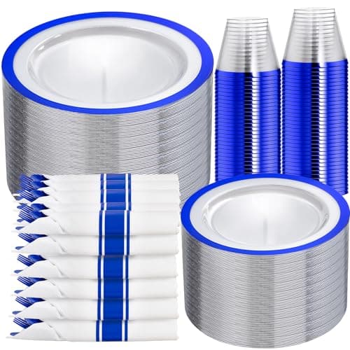 I00000 350 Pcs Dark Blue Plastic Plates,Clear Disposable Plates for 50 Guests,Blue Dinnerware Include 50 Dinner Plate 50 Dessert Plate,50 Cups,50 Pre Rolled Napkins with Cutlery Set for Party,Wedding - Image 1