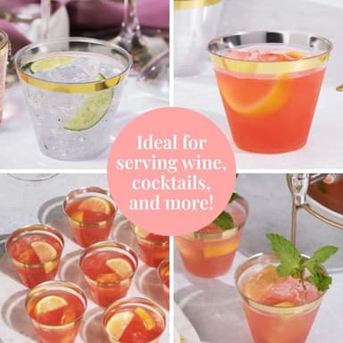 Prestee 100-Pack 9oz Gold Rimmed Plastic Cups Disposable Wine Glasses for Charcuterie, Weddings, Parties, and Events - Elegant Cocktail and Drinking Cups for Champagne, Martini, and Mocktails - Image 6