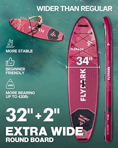 Flypark 11'x34 Inflatable Paddle Boards, Extra Wide SUP for 420lbs/3Adults, Yoga Stand Up Paddle Board, 110L Backpack, 15 D-Rings, Shoulder Strap, US-Fin, 2-Action Pump - Image 2