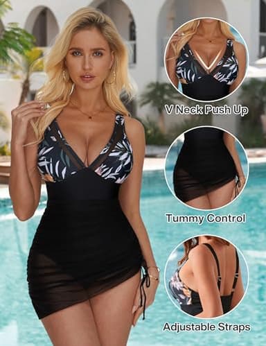 SUUKSESS Women Sexy Mesh One Piece Swim Dress Slimming Tummy Control Swimsuit Push Up High Waisted Bathing Suit (Tropical Yellow Floral Black,XL) - Image 2