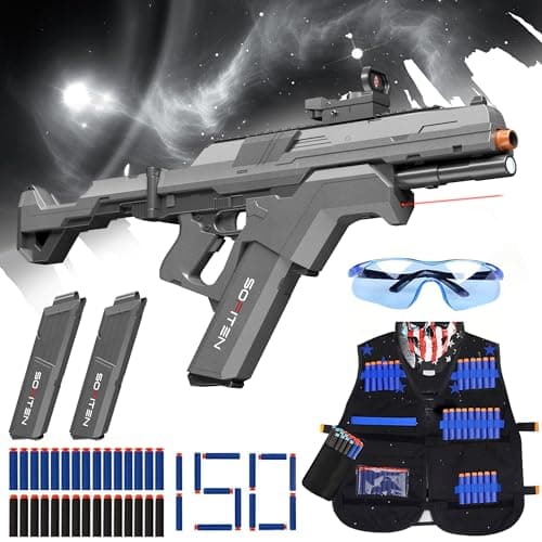SOFITEN Toy Gun Automatic Sniper Rifle Tactical Vest Toy Foam Blaster with 150 Darts IR and Flashlight Foldable Stock The Shooting Activity Game for Kids Age 8-12 Gifts for Birthday Xmas