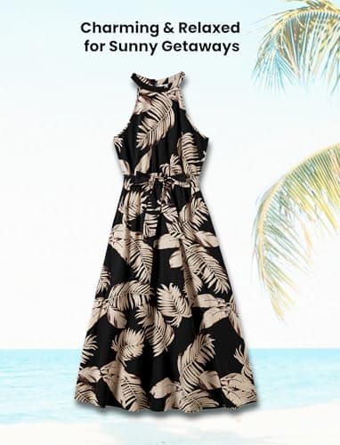 PATPAT Family Matching Hawaiian Outfits Mommy and Me Dresses Matching Set Tropical Palm Leaf Print Halter Neck Sundresses Mommy and Me Dresses Beach Black Leaf Hawaiian Dresses for Women S - Image 4