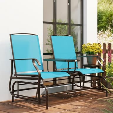 Outsunny Outdoor Glider Bench with Center Table, Metal Frame Patio Loveseat with Breathable Mesh Fabric and Armrests for Backyard Garden Porch, Blue - Image 9