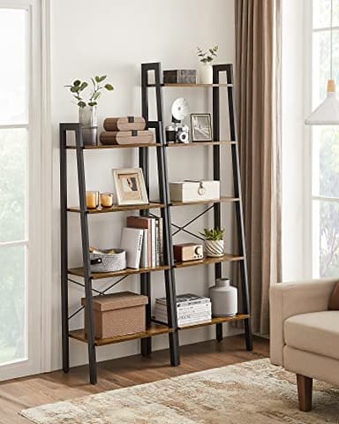 VASAGLE Ladder Shelf, 4-Tier Bookshelf, Storage Rack, Bookcase with Steel Frame, for Living Room, Home Office, Kitchen, Bedroom, Industrial Style, Rustic Brown and Ink Black ULLS44X - Image 2